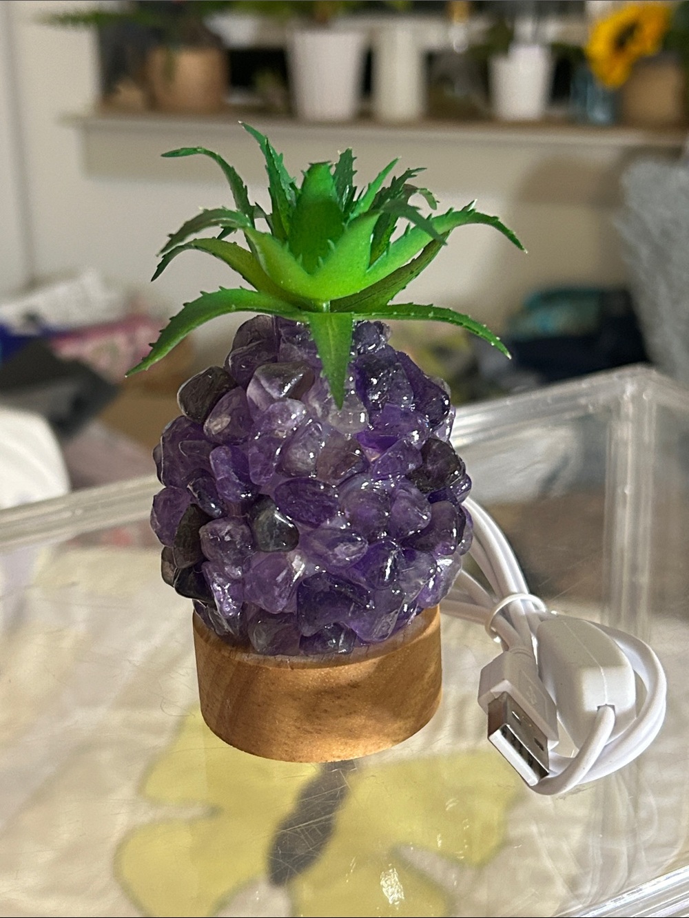 Amethyst Crystal Pineapple Night Light with Faux Green Top 4.75” Tall New